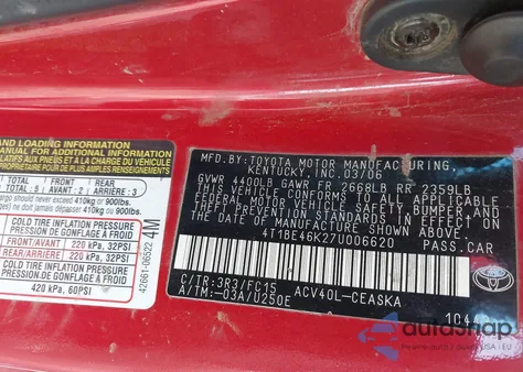 2007 Toyota Camry Se из США, поврежденный, VIN 4T1BE46K27U006620